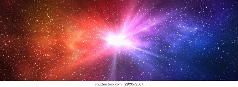 Burst Of Light In Space. Night Starry Sky And Bright Blue Red Galaxy, Horizontal Background Banner. 3d Illustration Of Milky Way And Universe