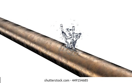 bursted copper pipe with water leaking out, 3d illustration