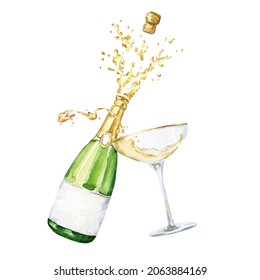 Bursting Champagne Bottle With Glass. Watercolor Drink Illustration.	