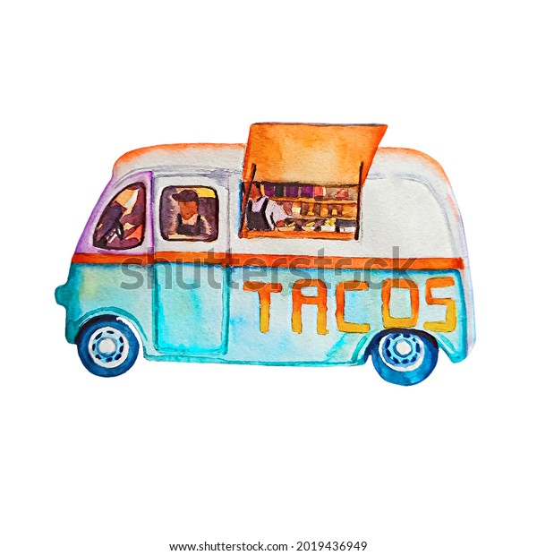 bus isolated on white mexican\
food van taco van cafe on wheels watercolor\
illustration