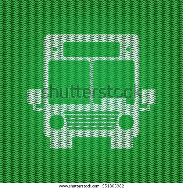 Bus sign illustration. white icon on the green\
knitwear or woolen cloth\
texture.