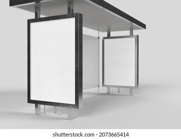 Bus Stand Mockup 3d Rendering. Street Billboard For Advertising Gray Background. 