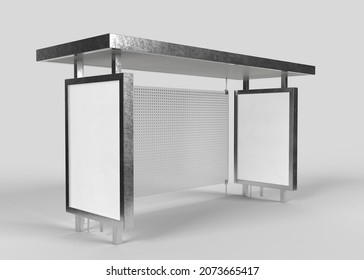 Bus Stand Mockup 3d Rendering. Street Billboard For Advertising Gray Background. 