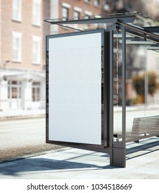 Bus Stop With Blank Ad Banner On The Street. 3d Rendering