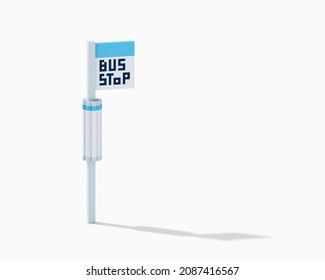 Bus Stop, A Digital Art Of Blue Bus Station Parking Sign In Taipei, Taiwan Isometric Voxel Raster 3D Illustration Render On White Background.