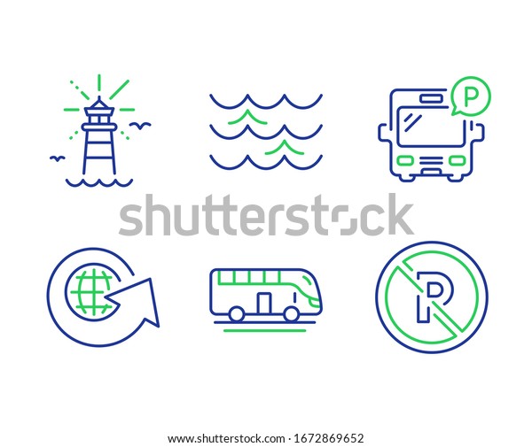 Bus tour,\
Lighthouse and Bus parking line icons set. World globe, Waves and\
No parking signs. Transport, Navigation beacon, Public park. Around\
the world. Transportation\
set.