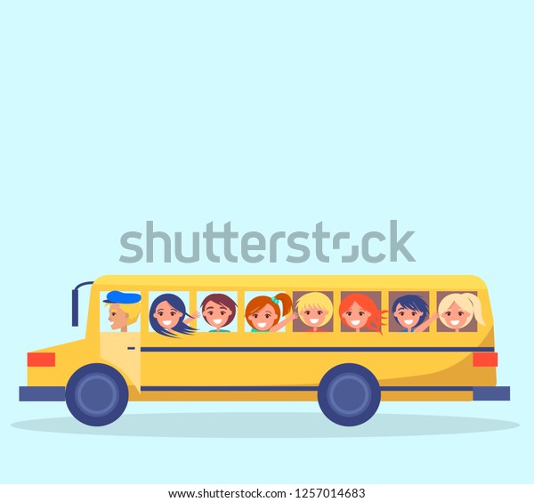 Bus trips  poster with kids in yellow transport\
going on excursion. Driver in hat, children looking into window \
illustration banner