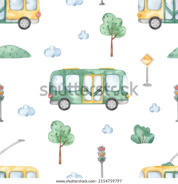 Bus, trolleybus, trees,\
traffic light, road sign, bush, for children, boys Watercolor\
seamless pattern