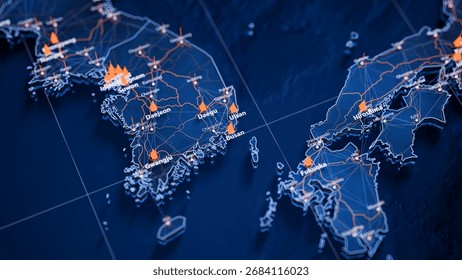 Busan map big data visualization. Futuristic map infographic of city in South Korea. Visual map data complexity in modern blue and orange colors. 3D Illustration