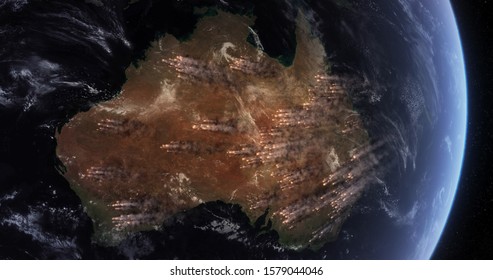 Bushfires In Australia. Satellite View Shows Many Of Wildfires Burning In The Australian Outback And Rainforests. Smoke Covering Much Of The Continent.