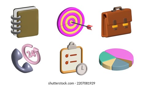 Business 3d Icon Set With Target Board, Briefcase, Piechart, Call Center