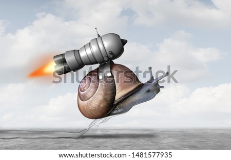 Business acceleration concept as a snail with a jet pack engine to accelerate success as a metaphor for innovation and finding a creative solution with 3D illustration elements. Foto stock © 