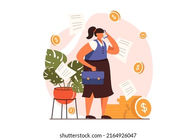 Business activities web concept in flat design. Woman consults by calling on phone. Entrepreneur with briefcase making deal. Businesspeople working at office. Illustration with people scene