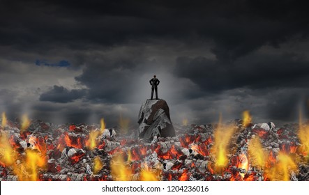 Business Adversity And Courage Or Feeling The Heat Concept As A Businessman Surrounded By Hot Coals In A 3D Illustration Style.