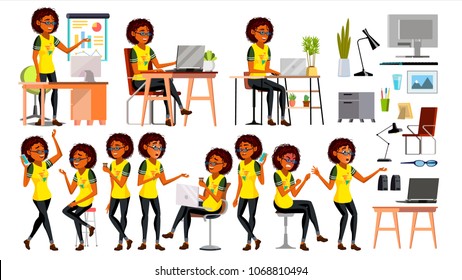 Business African Black Woman Character. American Elegant Modern Girl. Expressions. Working On The Computer. Desk. Cartoon Illustration