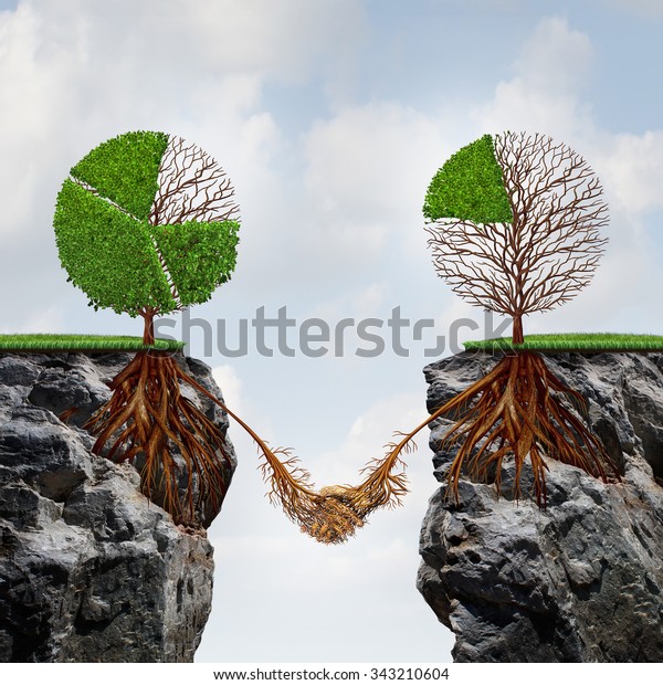 Business agreement concept and global\
connection financial success symbol as two trees shaped as tree pie\
charts on divided cliffs joining roots together to find a way to\
take advantage of\
strength.