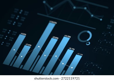 Business analysis and big data processing, digital dashboard display glowing blue bar charts, line graphs, and percentage indicators isometric selective focus.