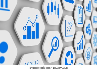 Business Analytics And Data Science Concept With Graph And Chart Icons On 3D Hexagonal Grid, Abstract Illustration Of KPI, Metrics, Information Dashboard And Analysis With Clean Modern Design