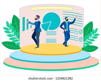 Business Analytics. Business Partners Will Present A Sales Report. In Minimalist Style. Cartoon Flat Raster Illustration