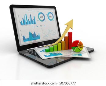 Business Analyze. Laptop, Graph And Diagram. Stock Market Concept. 3d Render