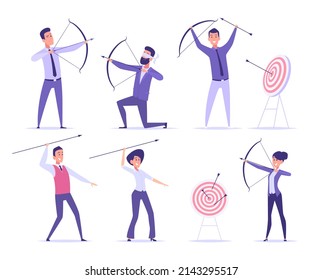 Business Archer. Office Manager Shooting To Goal Target Or Aim Professional With Bow And Arrows Exact Characters