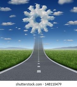 Business aspirations success concept with a road or highway going forward fading into the sky with a group of clouds shaped as a gear or cog wheel as an industry symbol of working and innovation.