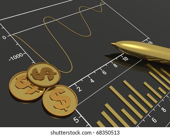 Business background about analysis - graph, pen and coins on black.