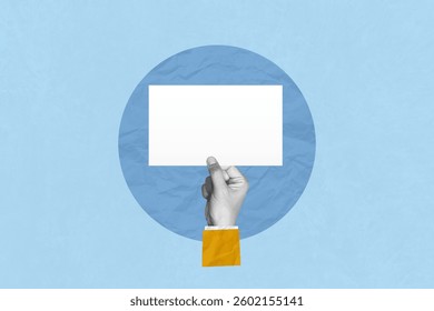 Business, Branding, BRAND. Creative art collage of a man holding empty card or white paper