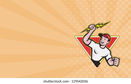 business card ideal for electrician showing illustration of an electrician construction worker holding a lightning bolt - Electrician Business Cards business card ideal for electrician showing illustration of an electrician construction worker holding a lightning bolt - Electrician Business Cards