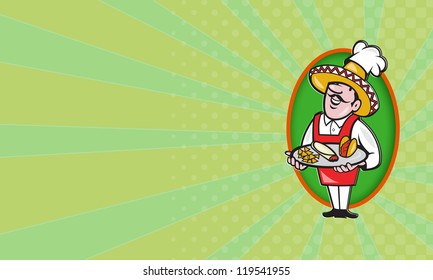 Business card  ideal for mexican chef or cafe or restaurant showing illustration of a cartoon Mexican chef cook wearing chef hat and sombrero serving plate full of tacos burrito and corn chips. - Powered by Shutterstock