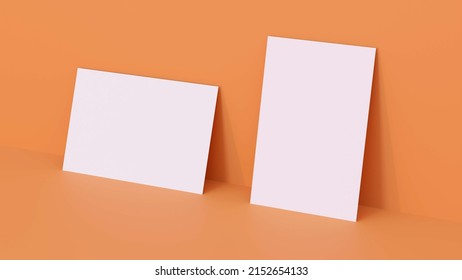 Business Card Mockup Blank For Brand Identity Logo Presentation On Orange Background In Minimalist Style, Horizontal And Vertical.