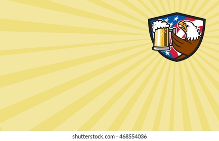 Business Card Showing Illustration Of An American Bald Eagle Hoisting Mug Glass Of Beer Stein Viewed From The Side With Usa American Stars And Stripes Flag  Done In Retro Style. 