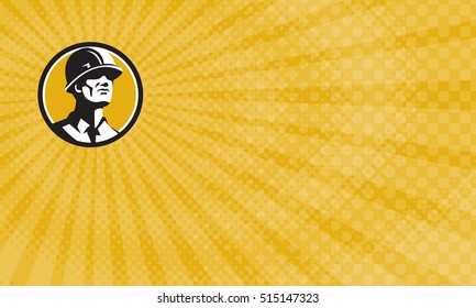 Business card showing Illustration of a builder construction worker wearing hardhat looking forward set inside circle done in retro style.


 - Powered by Shutterstock