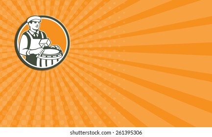 Business card showing illustration of a cooper barrel maker making a drum holding a mallet viewed from front set inside circle done in retro style. - Powered by Shutterstock