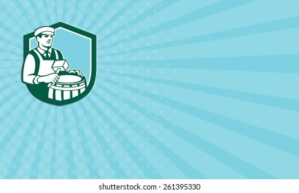 Business card showing illustration of a cooper barrel maker making a drum holding a mallet viewed from front set inside shield done in retro style. - Powered by Shutterstock