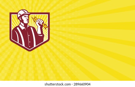 Business card showing illustration of an electrician wielding holding a lightning bolt facing side done in retro style in isolated yellow background. - Powered by Shutterstock