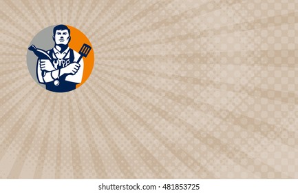 Business Card showing Illustration of a jack of all trades holding a blow dryer and spatula, with stethoscope on neck and spanner and barber scissors in apron facing done in retro style.


 - Powered by Shutterstock