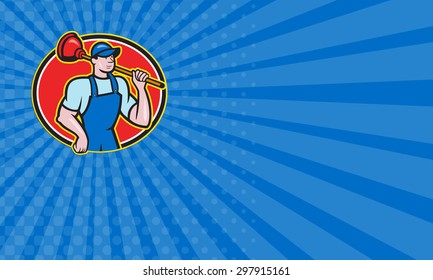 Business card showing illustration of a plumber holding plunger set inside oval done in cartoon style on isolated background. - Powered by Shutterstock