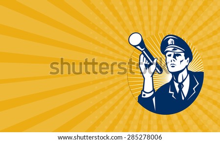 Business card showing illustration of a police officer policeman security guard holding a flashlight torch set inside circle done in retro style. Stock photo © 