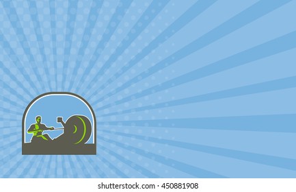 Business Card Showing Illustration Of A Rower Exercising On A Rowing Machine Viewed From The Side Set Inside Half Circle Done In Retro Style. 