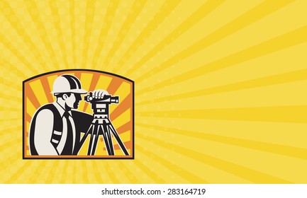 Business card showing illustration of surveyor civil geodetic engineer worker with theodolite total station equipment with sunburst done in retro woodcut style,
 - Powered by Shutterstock