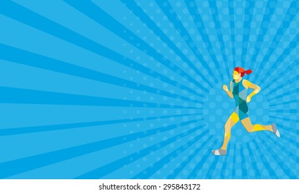 Business Card Showing Low Polygon Style Illustration Of Female Marathon Triathlete Runner Running Viewed From The Side Set On Isolated White Background.