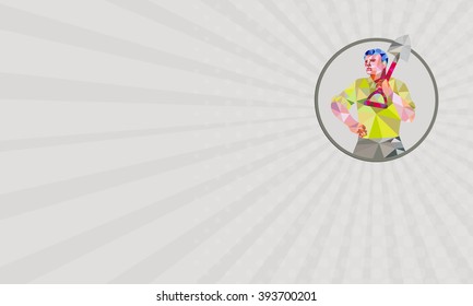 Business card showing Low polygon style illustration of male gardener landscaper horticulturist holding shovel spade on shoulder hand on hips facing front done set inside circle.  - Powered by Shutterstock