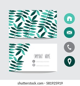 Business card template, design element. Can be used also for greeting cards, banners, invitations, flyers, posters. Decorative branches with leaves