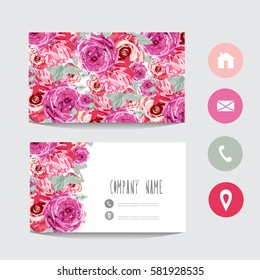 Business card template, design element. Can be used also for greeting cards, banners, invitations, flyers, posters. Decorative flowers in watercolor style