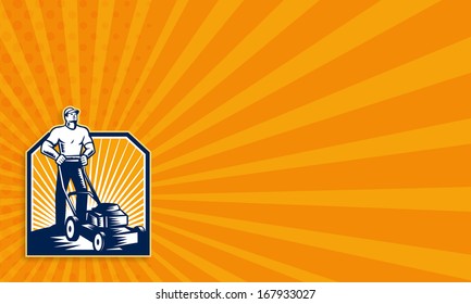 Business card template showing illustration of male gardener mowing with lawn mower facing front done in retro woodcut style on isolated white background. - Powered by Shutterstock