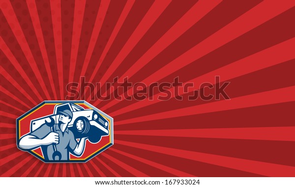 Business card template\
showing illustration of an automotive mechanic carrying pick-up\
truck car vehicle on shoulder holding spanner wrench done in retro\
style.