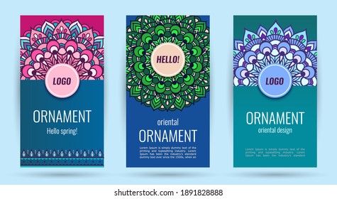 Business Cards with mandala. Elegant cover. Decorative ornate circle mandala on bright backgrounds. For banners, greeting card, cover book, presentation.  illustration.