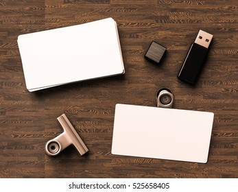 Business Cards On Wood Background. 3D Illustration. High Quality