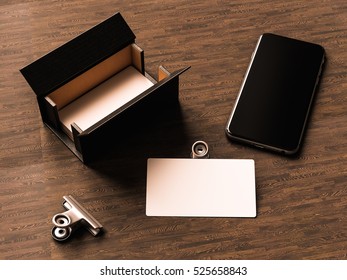 Business Cards On Wood Background. 3D Illustration. High Quality